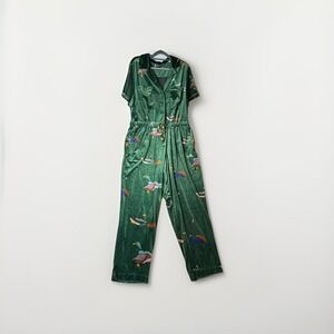 Rachel Antonoff Matthew Mallard Printed Velvet Short Sleeve Jumpsuit Green Sz 2X
